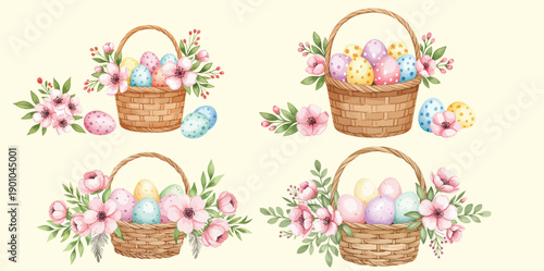 Four easter baskets with colorful eggs and flowers on cream background