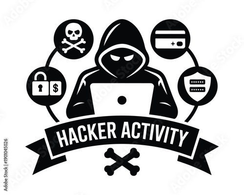 Digital hacker in a hoodie using a laptop surrounded by icons representing security threats and online crime