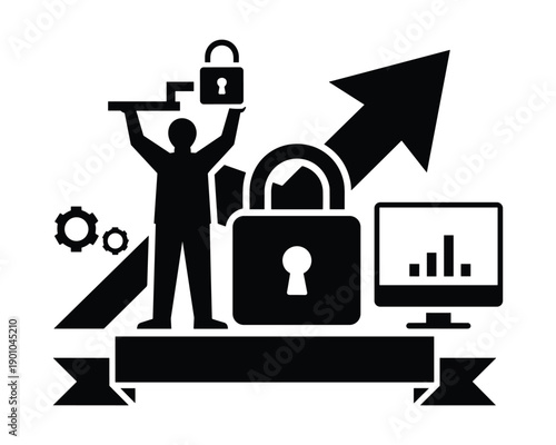 Silhouette of person holding a lock with upward trending arrow and computer graph suggesting success and security