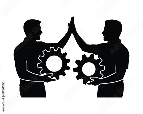 Two business people silhouettes giving high five while holding gears representing teamwork and collaboration