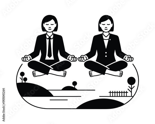 Two businessmen and businesswomen practicing meditation and yoga in a peaceful natural landscape setting