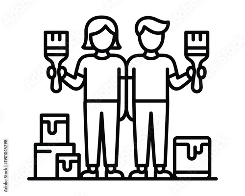Two cartoon people holding paint brushes next to paint cans and buckets symbolizing renovation and home improvement services