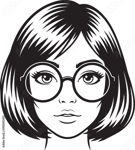Elegant illustration of a young woman's face featuring round spectacles and a modern bob haircut