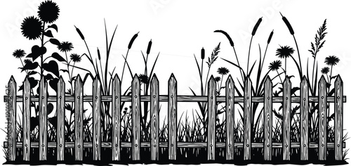 Rustic Wooden Picket Fence Silhouette with Sunflowers Cattails and Wild Grasses Vector Illustration for Garden Landscaping Design Rural Backyard Decor and Vinyl Cutting Projects