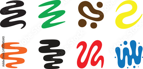 A lively arrangement of eight vibrant multicolored paint strokes on a simple white backdrop