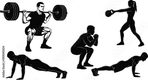 Set of vector fitness silhouettes featuring athletic men and women performing gym exercises like barbell squats, kettlebell swings, push ups and bodyweight training for health.