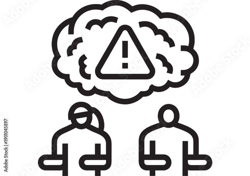 Icon anxiety warning cloud with alert triangle above stressed person and neutral person, black outline pictogram for mental health risk, problem, support concept