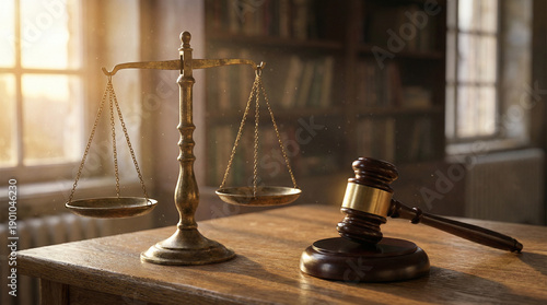 Obraz na plátne Wooden Gavel and Balance Scale in Warm Golden Light