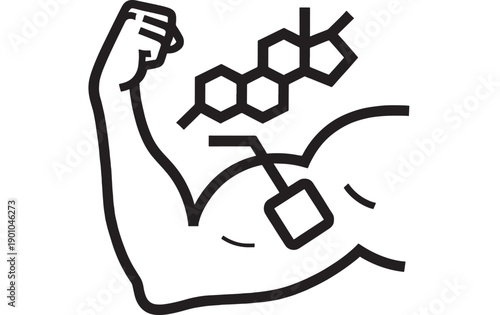 Muscle arm icon showing flexed bicep with molecular structure and anabolic steroid injection symbol, black outline vector for bodybuilding, doping control, fitness science