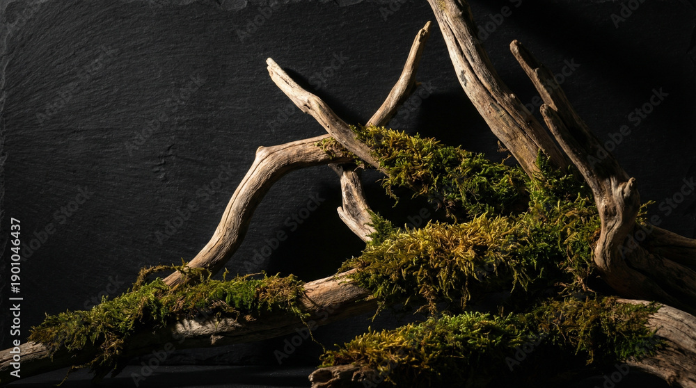 Fototapeta premium Reclaimed Wood and Moss Art Installation with Dramatic Shadows. Side-lit artistic composition of weathered driftwood intertwined with vibrant moss, deep shadows creating contrast against dark backdrop