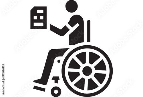 Wheelchair user icon reading document in flat black pictogram style, accessibility and disability assistance symbol for inclusive services, healthcare, education and mobility
