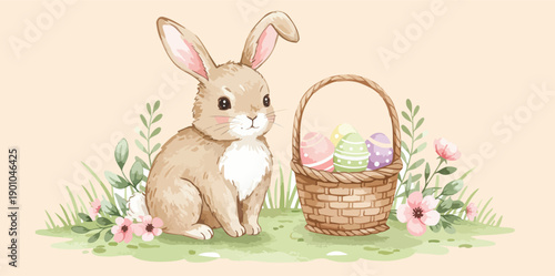 Easter bunny sitting next to a wicker basket with flowers
