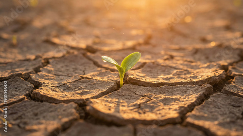 Tableau sur toile Seedling Growing Through Cracked Earth Climate Resilience Symbol