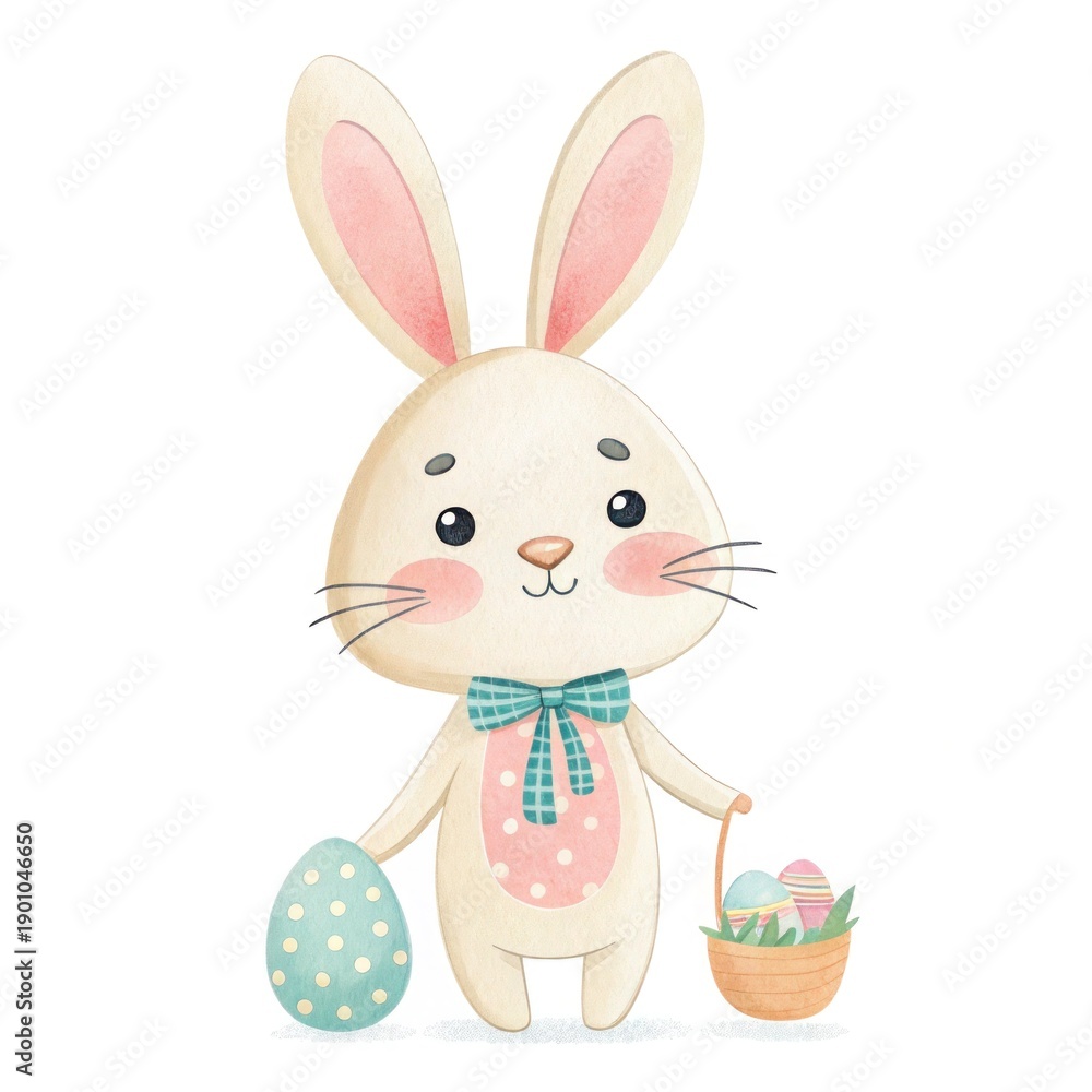 Fototapeta premium Watercolor Easter bunny with eggs, basket, background