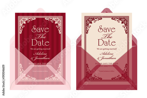 Elegant Save the Date Wedding Card with Lace Frame. Trendy Envelope Mockup. Vector design.