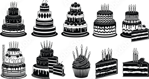 Birthday cake silhouettes collection with candles, cupcake and sliced desserts isolated vector illustration sweet bakery celebration party design elements