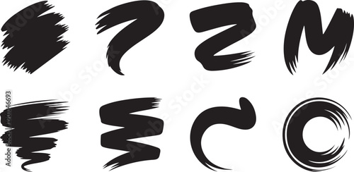 Diverse collection of black brushstrokes featuring various shapes, curves, and textured marks on a white canvas
