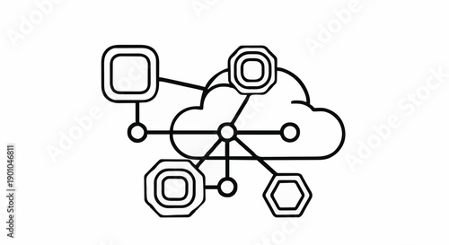 Conceptual illustration of a secure digital network with cloud computing, connecting various data nodes to represent distributed systems and scalable infrastructure
