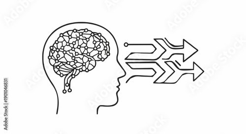 Abstract illustration of a human head silhouette with a stylized brain connected to digital data streams, representing artificial intelligence and information processing