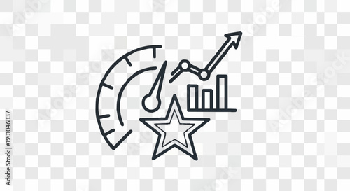 Performance management dashboard with growth chart, star icon, and speedometer indicating progress and success metrics for business analysis and strategic planning