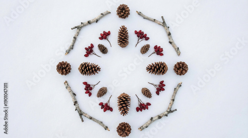 Quadro em tela Minimalist Winter Elements Flat Lay on White Snow Surface
