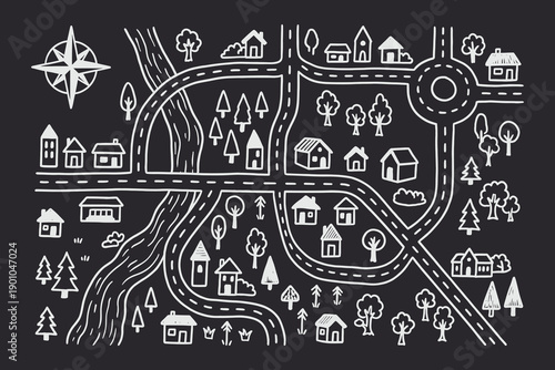 Hand-drawn doodle map showing a small suburban neighborhood with houses, roads, and a river.