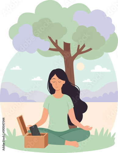 Young woman meditating under a tree with phone in a wooden box, digital detox and mental wellness concept.