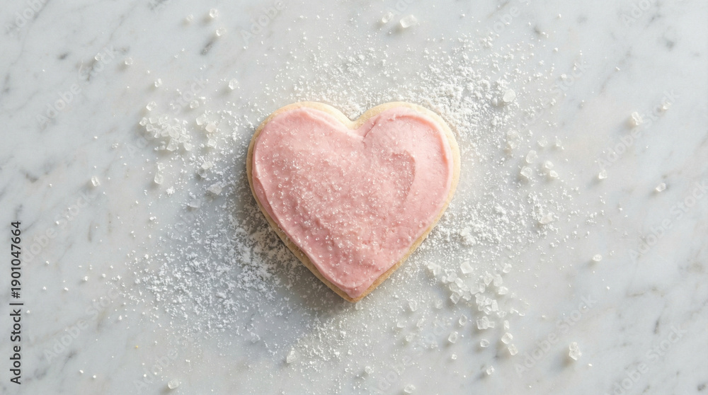 Obraz premium Minimalist Heart Cookie Flat Lay on Marble Surface. Single pink heart-shaped cookie centered on white marble with scattered sugar crystals and clean modern aesthetic overhead