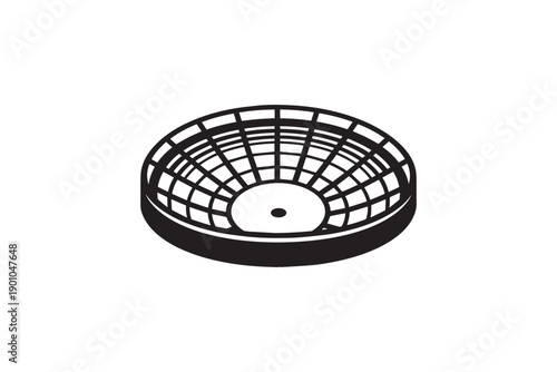 Top down perspective of circular sports arena with detailed seating rows and central stage area silhouette icon isolated on white background view