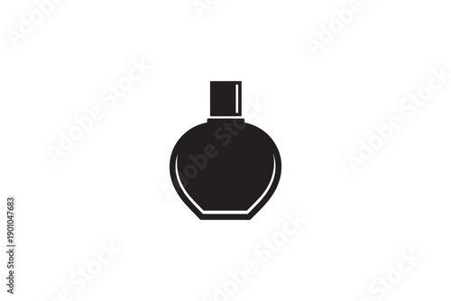 Elegant black silhouette of a perfume bottle with a round body and square cap on a clean white background