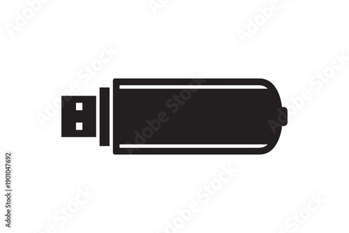 Black silhouette of a horizontal USB flash drive or memory stick with a cap on a clean white background
