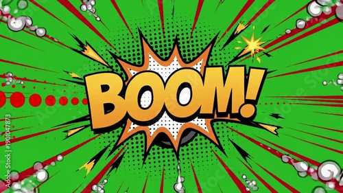 Green Screen boom word retro cartoon comic bubbles popup style expressions colored bomb and smoke strip dotted with red speed radial line seamless loop animation scene 4 distortion, overlay, glitch