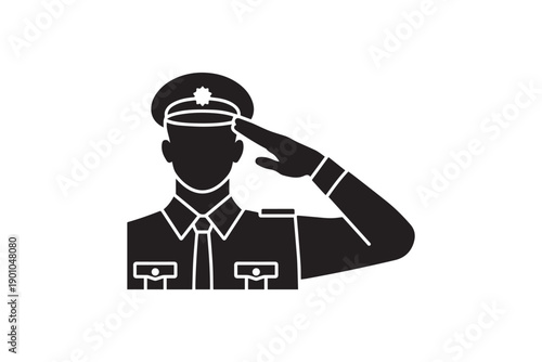 Police officer in uniform and cap saluting, vector icon illustration of authority and respect, symbol of law enforcement and military service