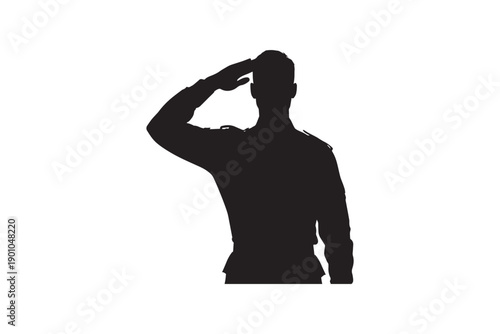 Black silhouette of soldier saluting against white background representing military service patriotism uniform duty honor discipline strength power