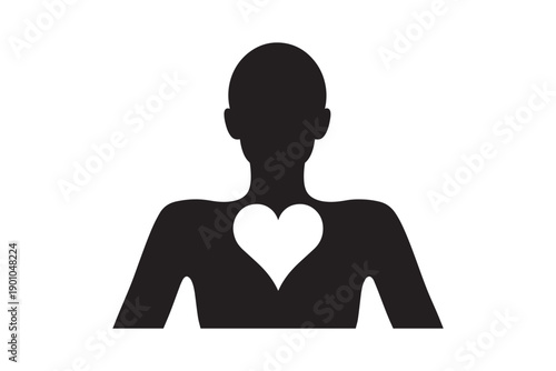 Minimalist silhouette of human body with white heart shape in chest area symbolizing love health emotions kindness empathy and internal wellness