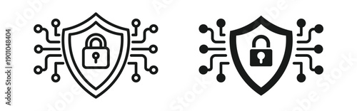 Cyber security shield icon set in outline and silhouette style, data protection, digital security, privacy concept, vector illustration.