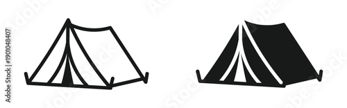 Camping tent icon set in outline and silhouette style, outdoor adventure, travel camping, campsite equipment, vector illustration.