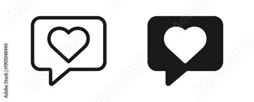 Like notification speech bubble icon set in outline and silhouette style, social media like, love reaction, messaging concept, vector illustration.