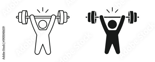 Weightlifting athlete icon set in outline and silhouette style, fitness training, gym workout, strength exercise, vector illustration.
