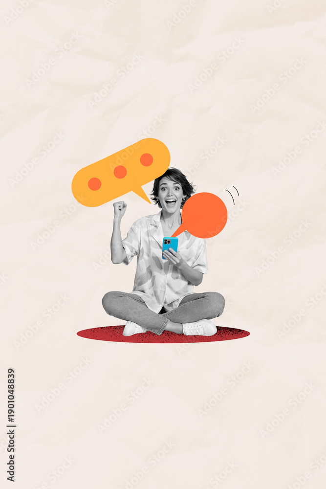 Fototapeta premium Composite sketch image design trend artwork collage of young lady sit down hold phone chatting bubble balloon message speech excited smile