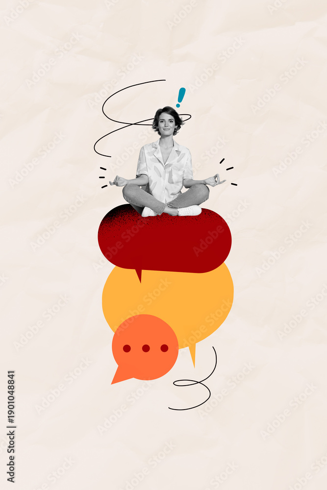 Fototapeta premium Template poster trend artwork 3D photo collage of copyspace three message thought quote feedback comment young lady sit meditate keep calm