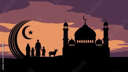Eid al Adha Celebration with Family and Mosque Silhouette