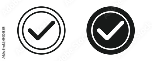 Check mark circle icon set in outline and silhouette style, approval, verified status, success symbol, vector illustration.