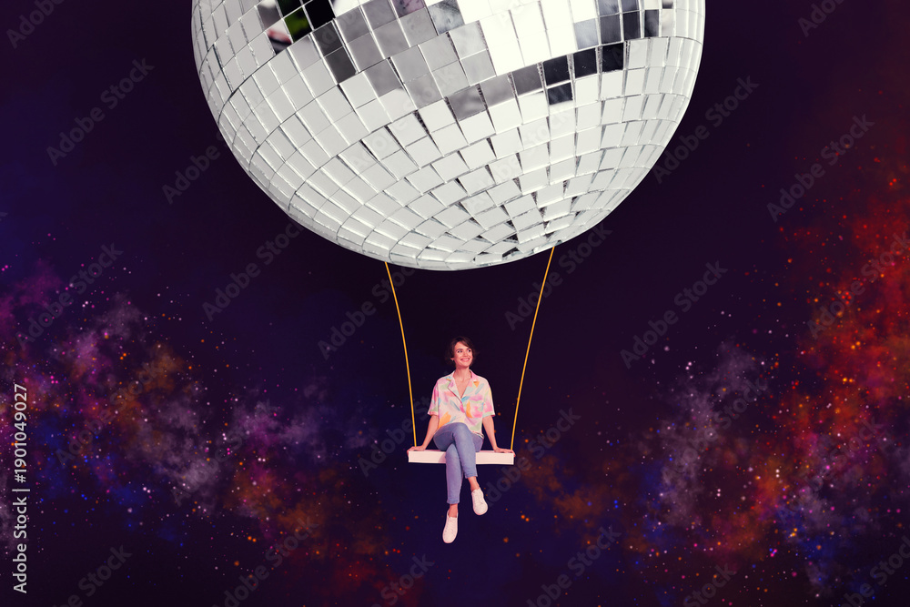 Fototapeta premium 3d art trend banner collage of happy girl sit swing disco ball space clubbing occasion celebration holiday nightclub event