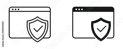 Secure website shield icon set in outline and silhouette style, web security, protected browser, online safety, vector illustration.