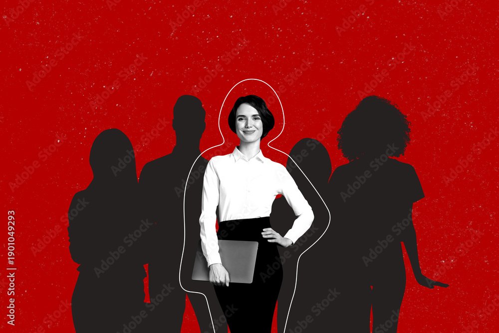 Fototapeta premium Trend artwork 3D photo collage of silhouette young lady stand hold laptop crowd behind leading society diversity individual uniqueness