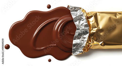Melted Chocolate Bar with Elegant Gold Foil Wrapper Isolated on White Background