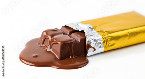Decadent Melted Chocolate Texture Featuring Premium Gold Foil Packaging on a Clean Background