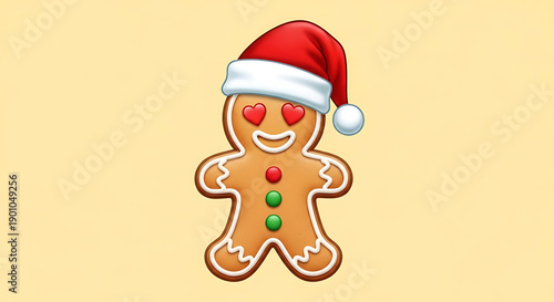 Cute Gingerbread Man Emoji Wearing a Santa Hat with Radiant Heart Eyes Festive