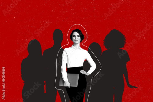 Trend artwork 3D photo collage of silhouette young lady stand hold laptop crowd behind leading society diversity individual uniqueness